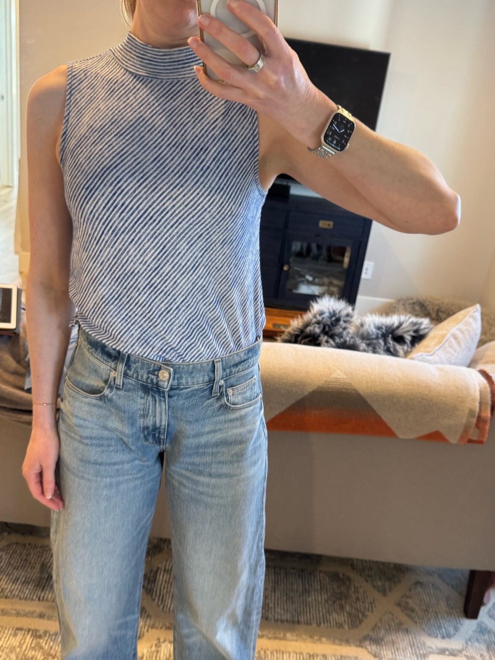 Banana Republic Blue & White Striped Mock Neck Sleeveless Knit Top – XS